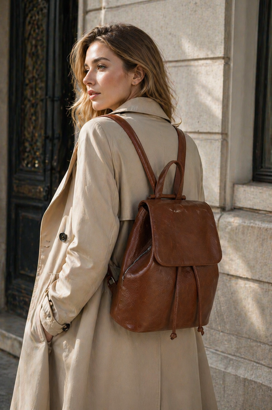 Woman wearing a beige trench coat with a brown leather backpack standing on steps.