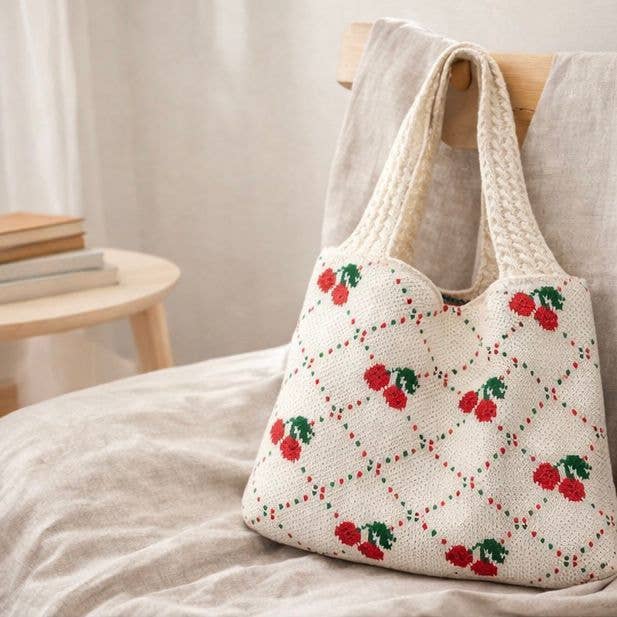 Handmade bag with cherry pattern on a bed