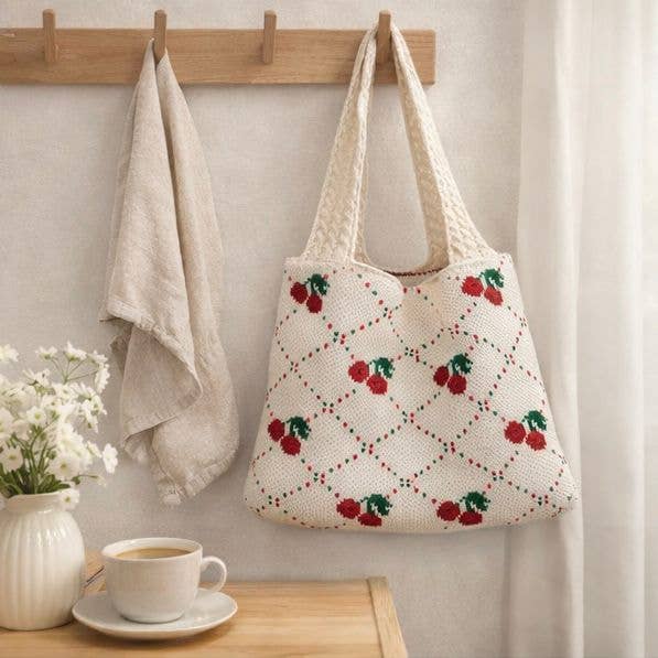 Tote bag with cherry pattern hanging on a hook next to a cup of coffee and flowers.