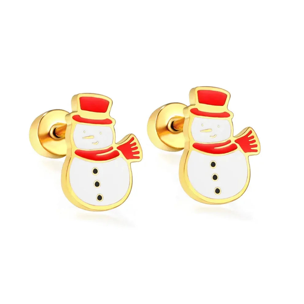 Christmas Snowman Gold Screw-Back Stud Earrings