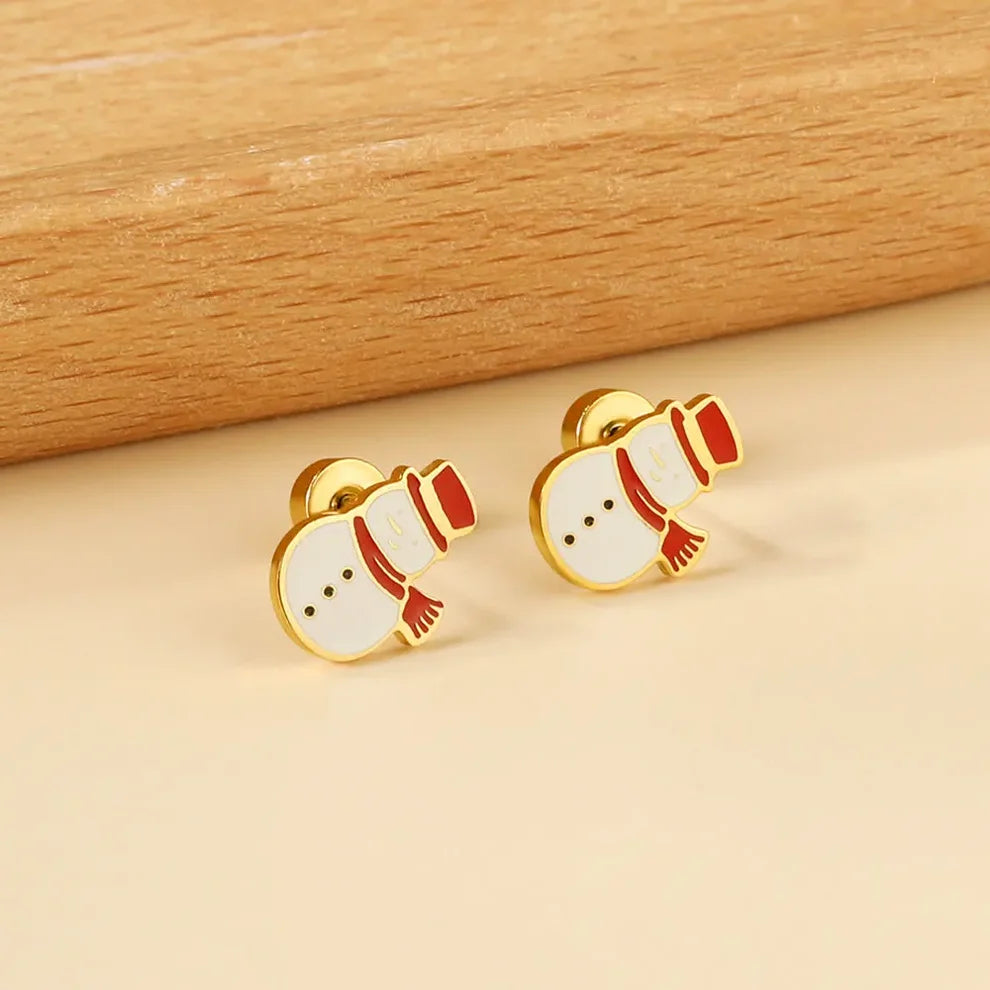 Christmas Snowman Gold Screw-Back Stud Earrings