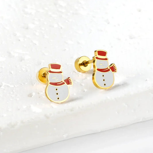 Christmas Snowman Gold Screw-Back Stud Earrings