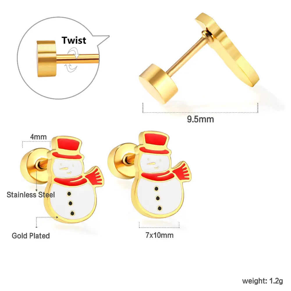 Christmas Snowman Gold Screw-Back Stud Earrings