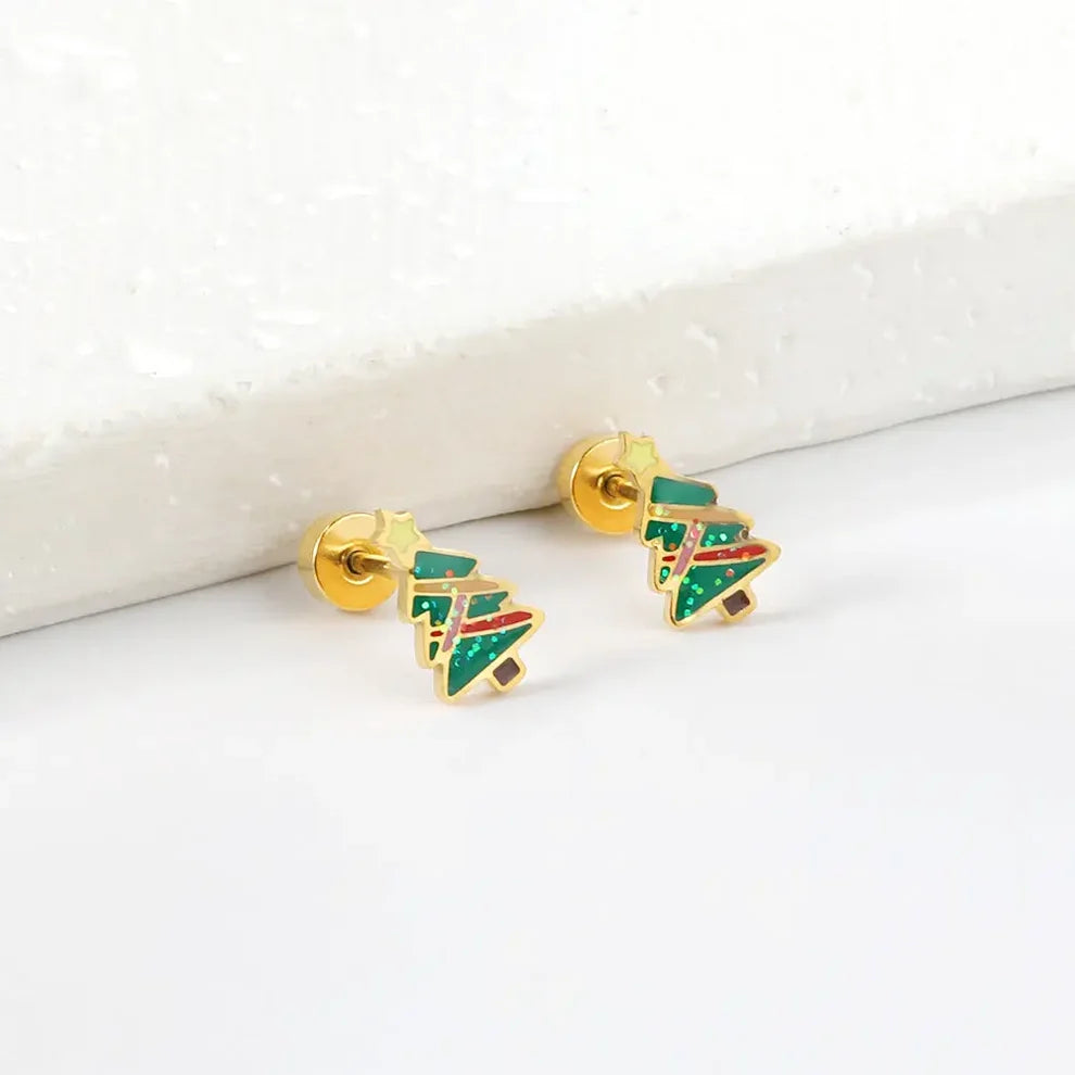 Christmas Tree Gold Screw-Back Stud Earrings
