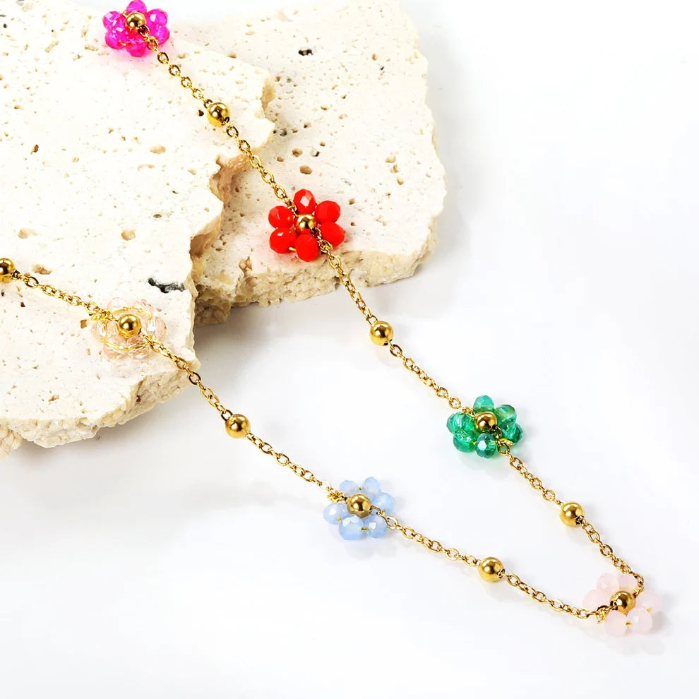 Colourful Daisy Flower Beaded Necklace – Gold