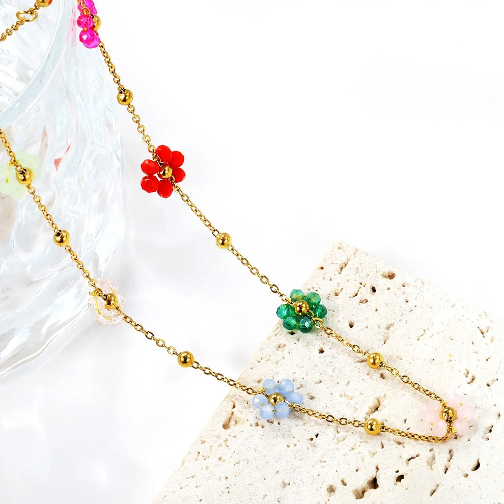 Colourful Daisy Flower Beaded Necklace – Gold
