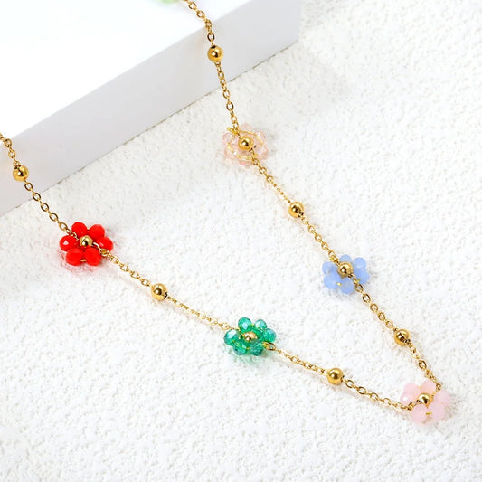 Colourful Daisy Flower Beaded Necklace – Gold