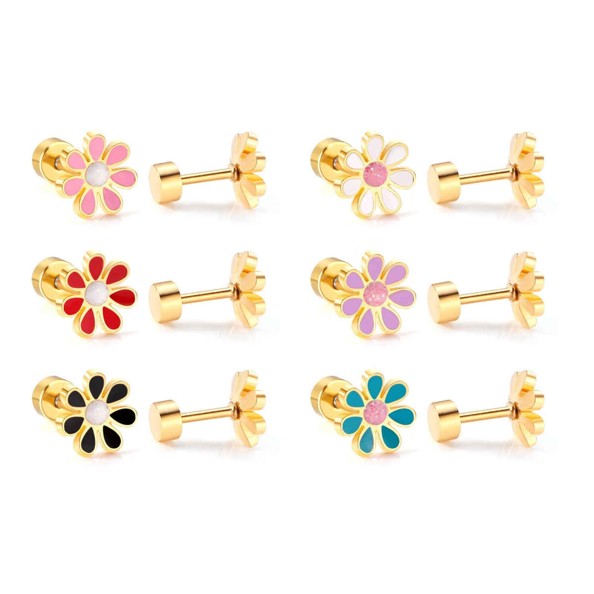 Colourful Daisy Flower Screw-Back Stud Earrings