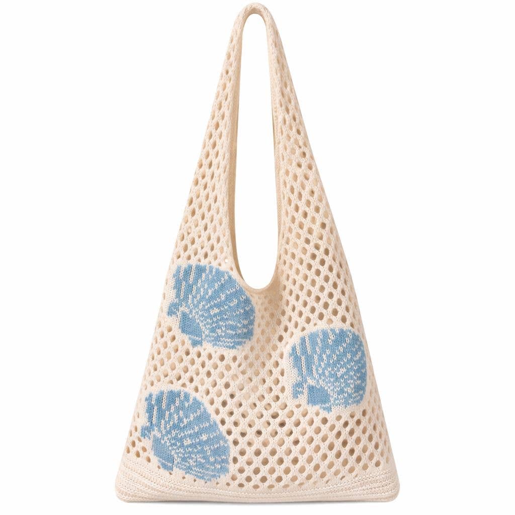 Beige mesh bag with blue shell patterns on a white background