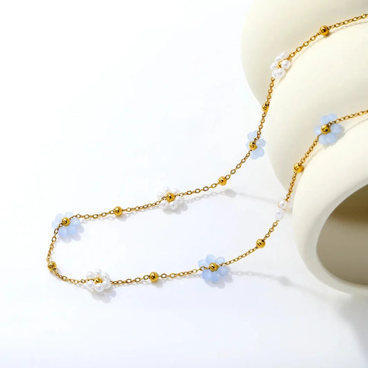 Azure Bloom – Blue Flower & Pearl Necklace