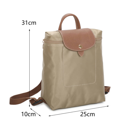 A beige nylon backpack with brown faux-leather trim, a top handle, and a shoulder strap, shown with dimension lines indicating measurements of 31cm height, 10cm width, and 25cm depth on a white background.