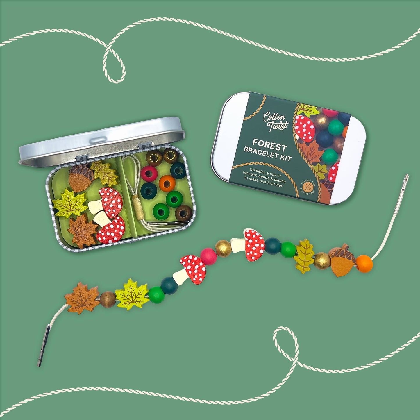 Forest bracelet kit with beads and tools in a tin on a white background