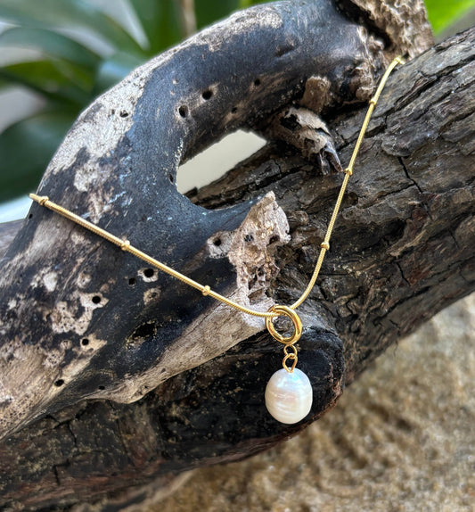 Single freshwater pearl necklace in 18ct gold plated stainless steel, minimalist waterproof jewellery for everyday wear