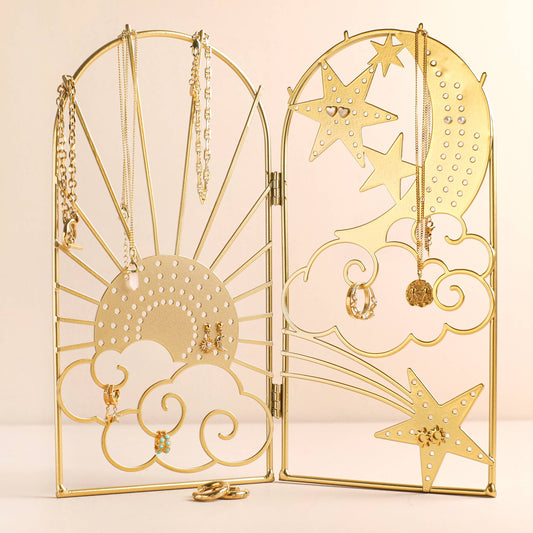 Celestial gold folding jewellery stand for organising earrings, necklaces and bracelets with travel-friendly design