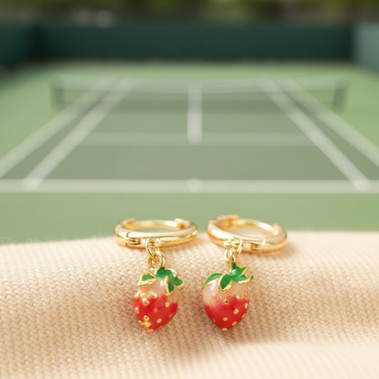 Gold hoop earrings with strawberry charms perfect for Wimbledon