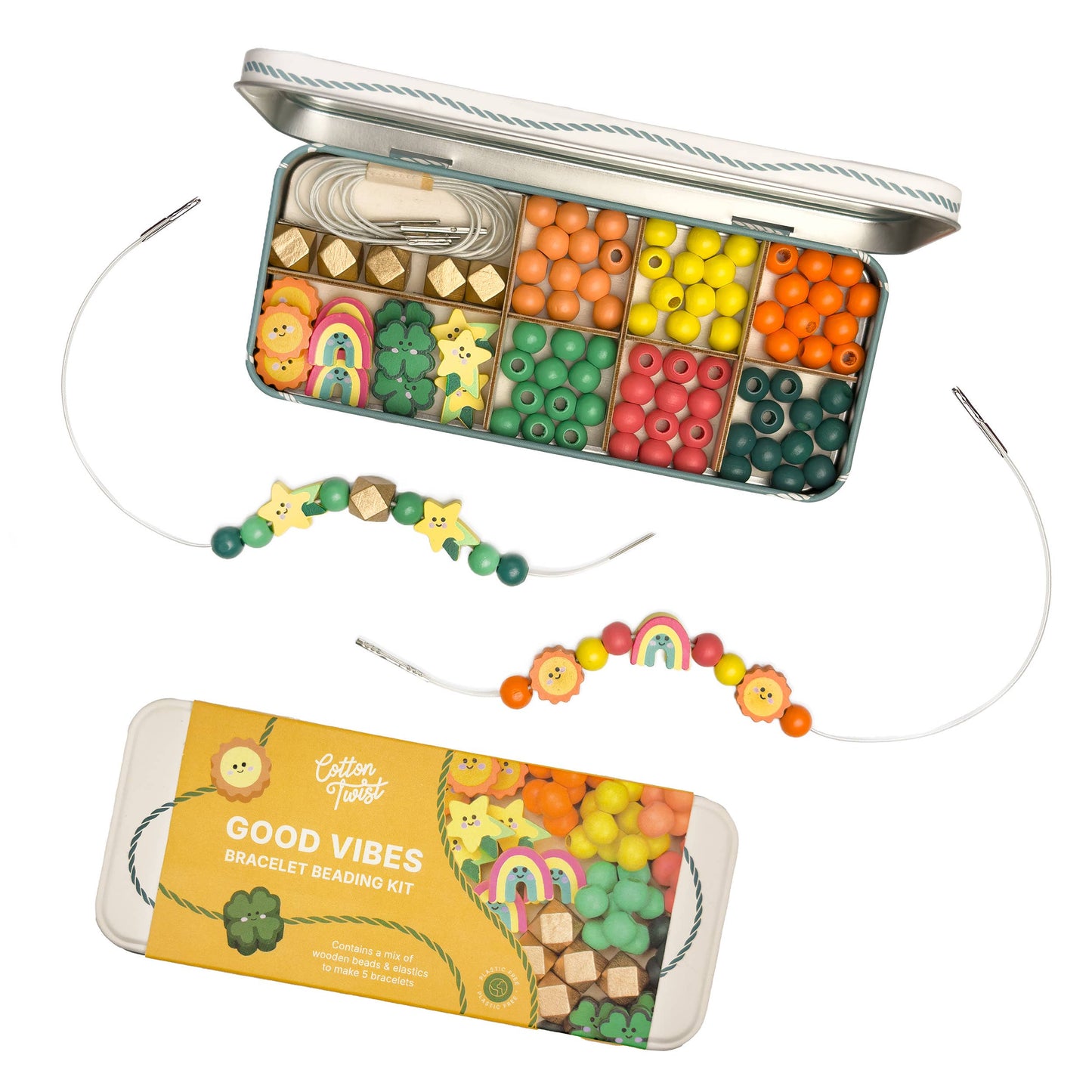Bracelet making kit with colorful beads and tools in a tin, featuring 'Good Vibes' branding.