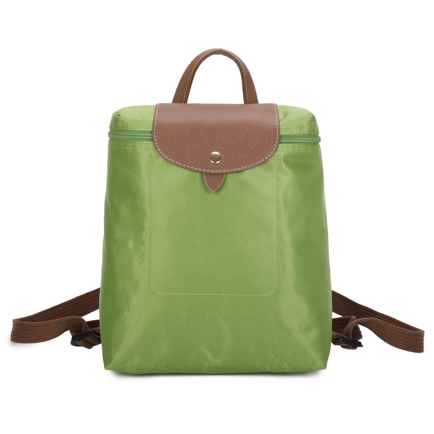 A green nylon backpack with brown faux-leather trim, a top handle, and adjustable shoulder straps, shown against a plain white background.