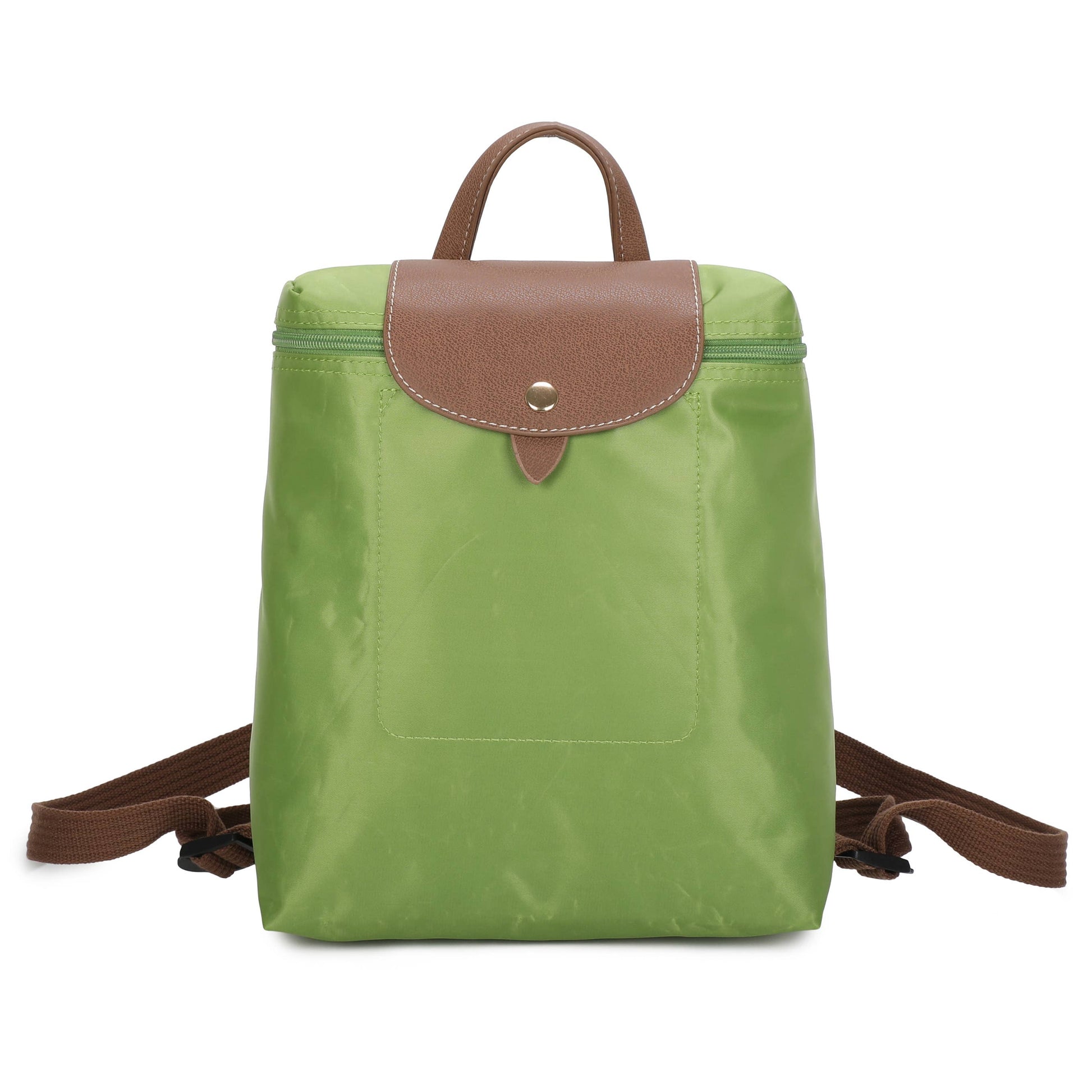 A green nylon backpack with brown faux-leather trim, a top handle, and adjustable shoulder straps, shown against a plain white background.