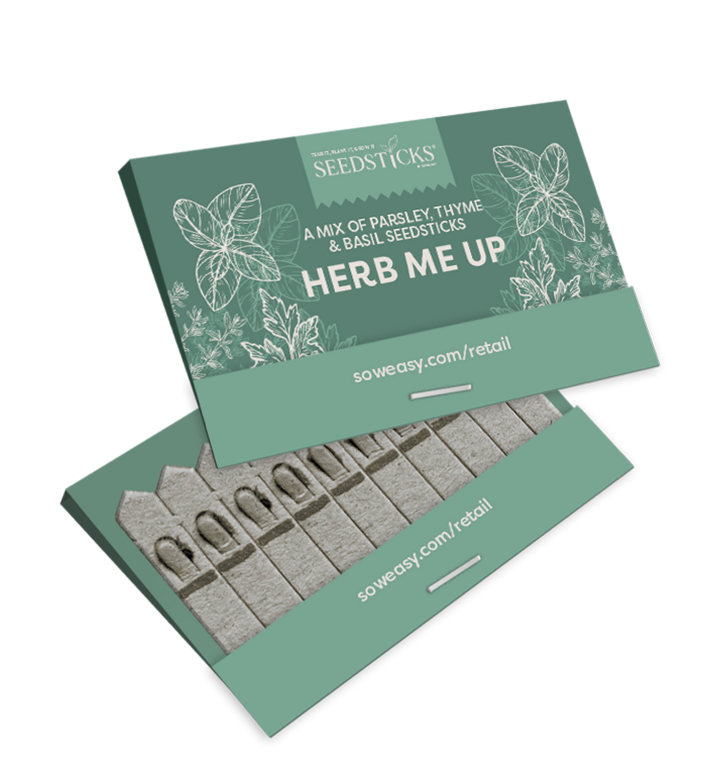 Seed packets labeled 'Herb Me Up' with branding on a white background