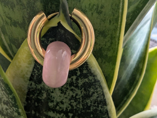 A gold hoop earring with a smooth, polished pink stone charm, displayed against the green leaves of a snake plant.