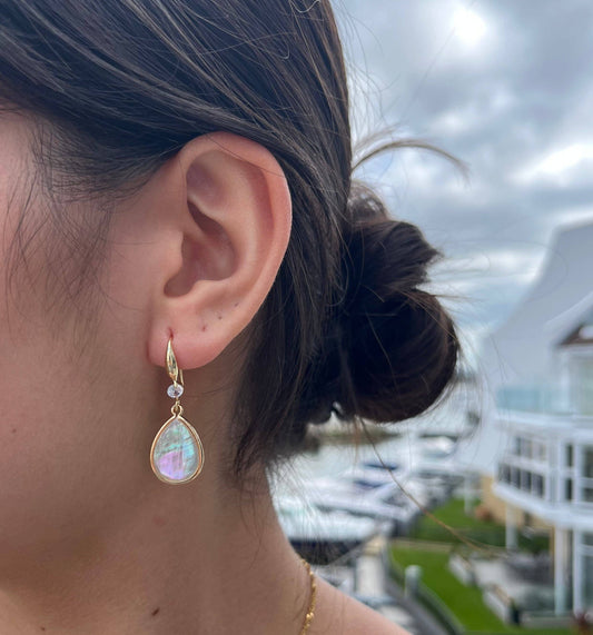 Close-up of an ear wearing a gold earring with a colorful gemstone, blurred outdoor background