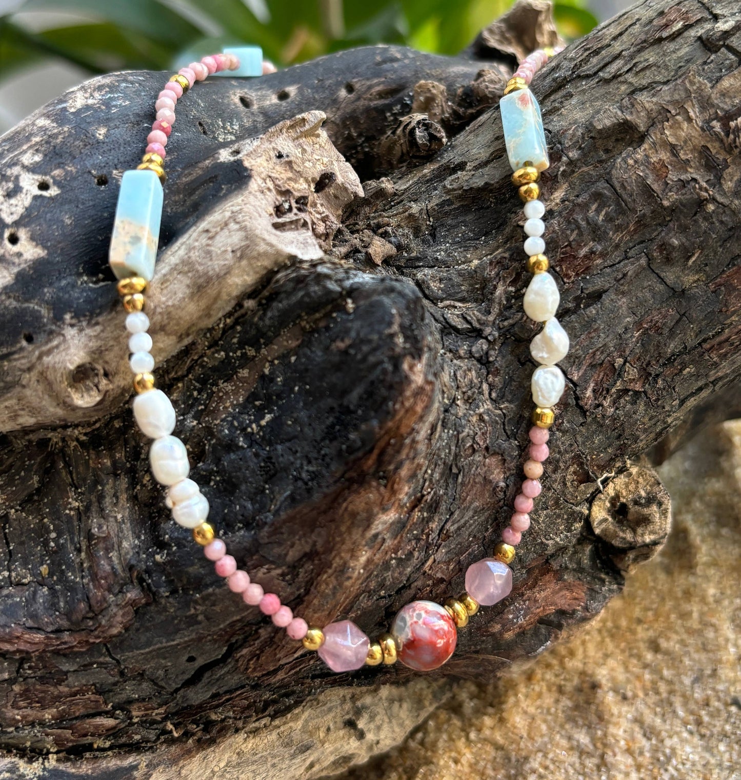 18ct gold plated natural stone beaded necklace waterproof tarnish-free jewellery for everyday wear