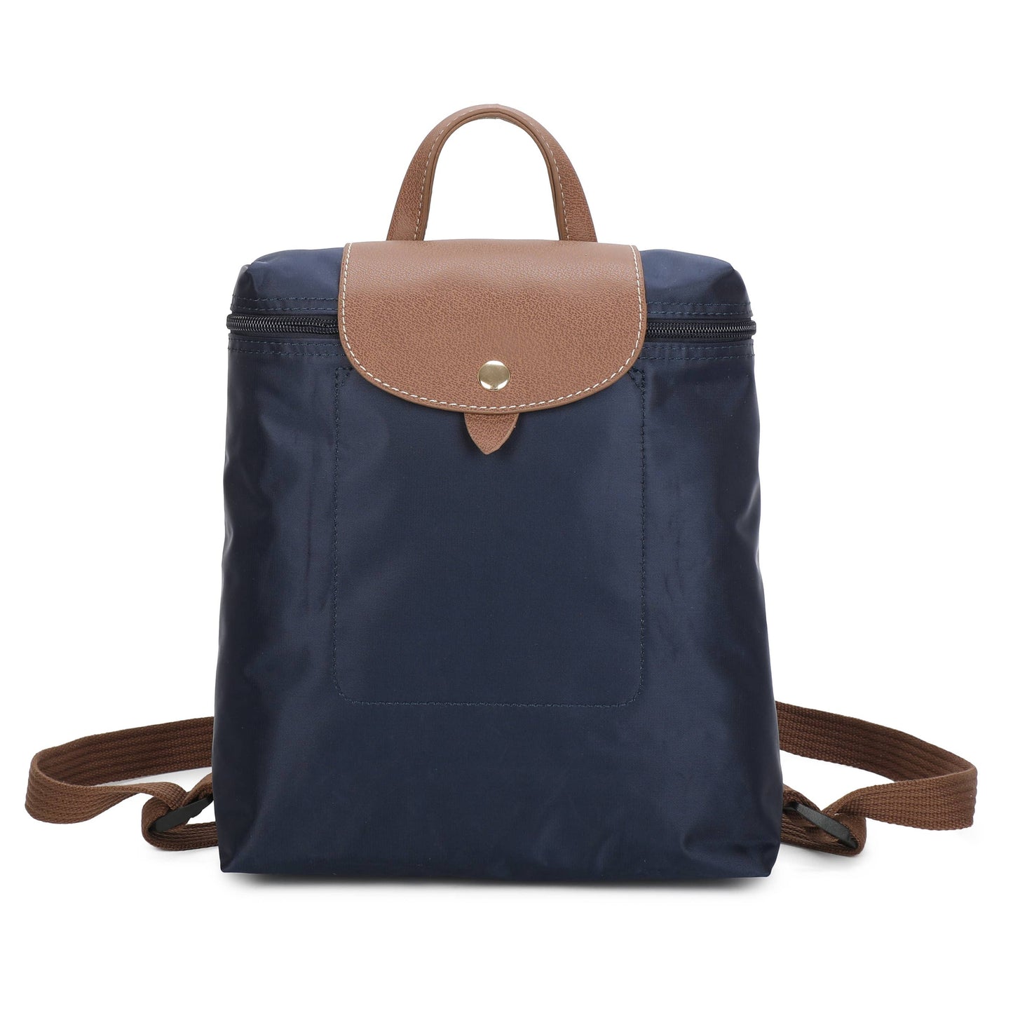 A navy blue nylon backpack with tan leather trim, a top handle, and adjustable shoulder straps, shown against a plain white background.
