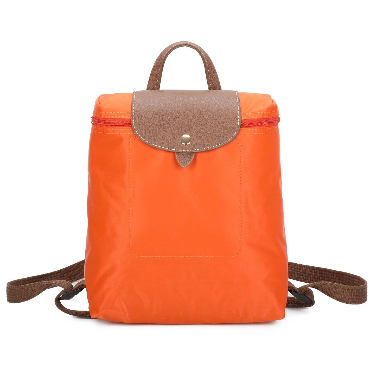 Bright orange nylon backpack with brown leather flap and handles, shown against a plain white background.