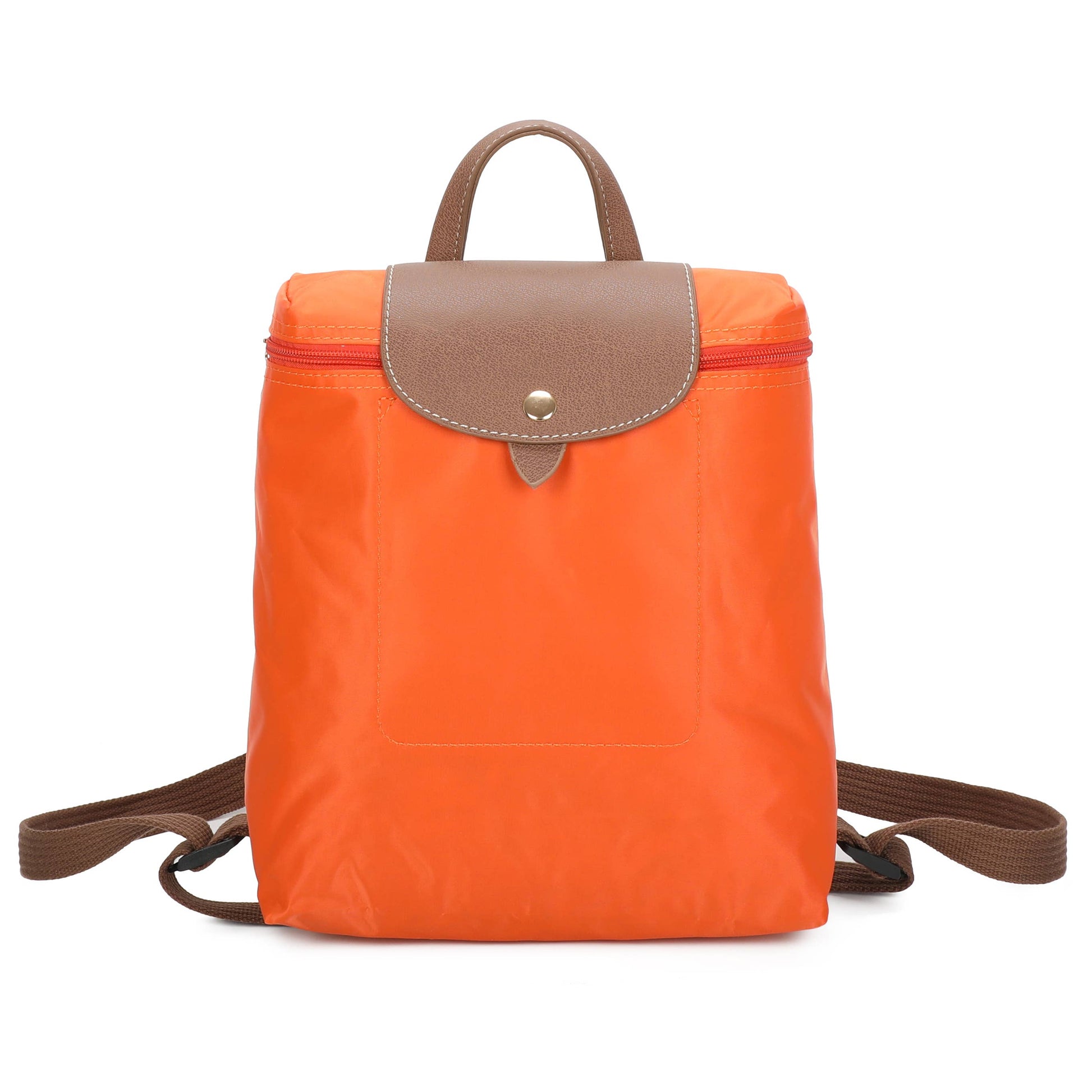 Bright orange nylon backpack with brown leather flap and handles, shown against a plain white background.