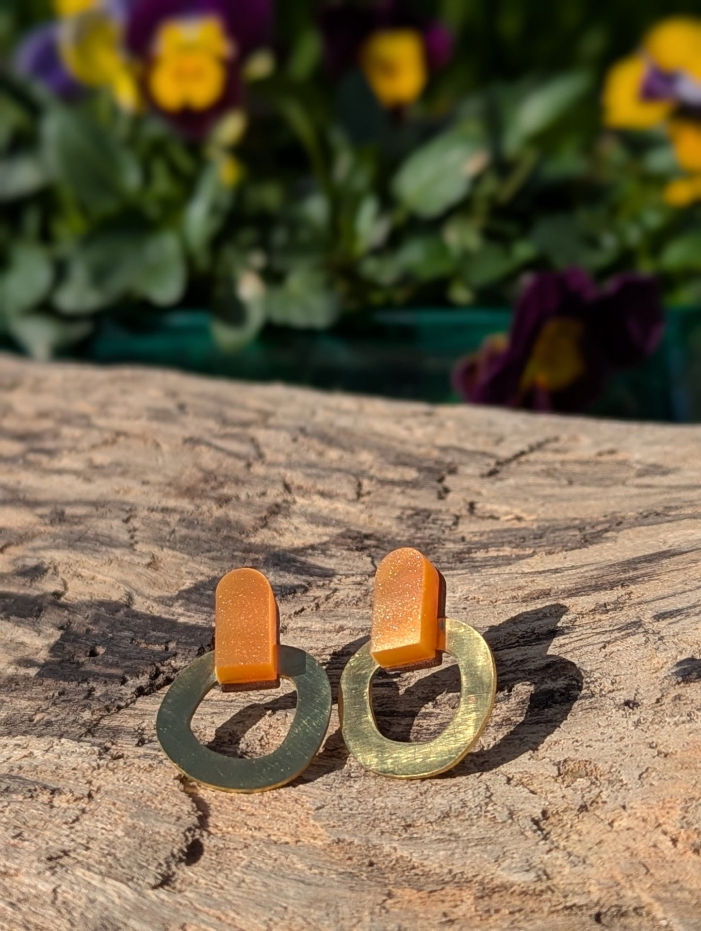 Orange Brass Stud Earrings – Handmade Sustainable Wood & Acrylic Statement Studs