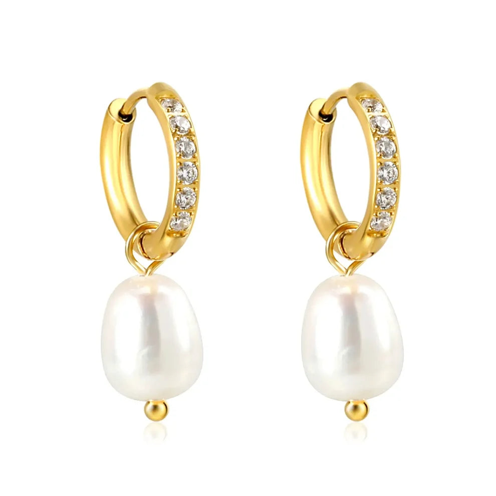 Aurelia Pearl & Zirconia Drop Huggie Earrings – 18K Gold Plated