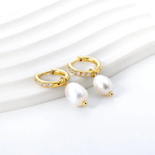 Aurelia Pearl & Zirconia Drop Huggie Earrings – 18K Gold Plated