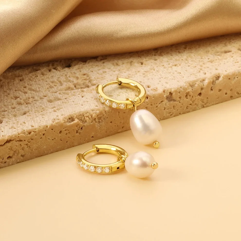 Aurelia Pearl & Zirconia Drop Huggie Earrings – 18K Gold Plated