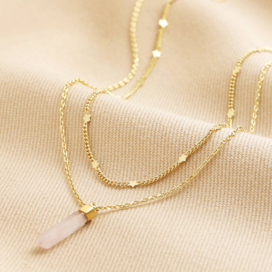 Rose quartz healing crystal double chain gold necklace with layered chains and natural gemstone pendant