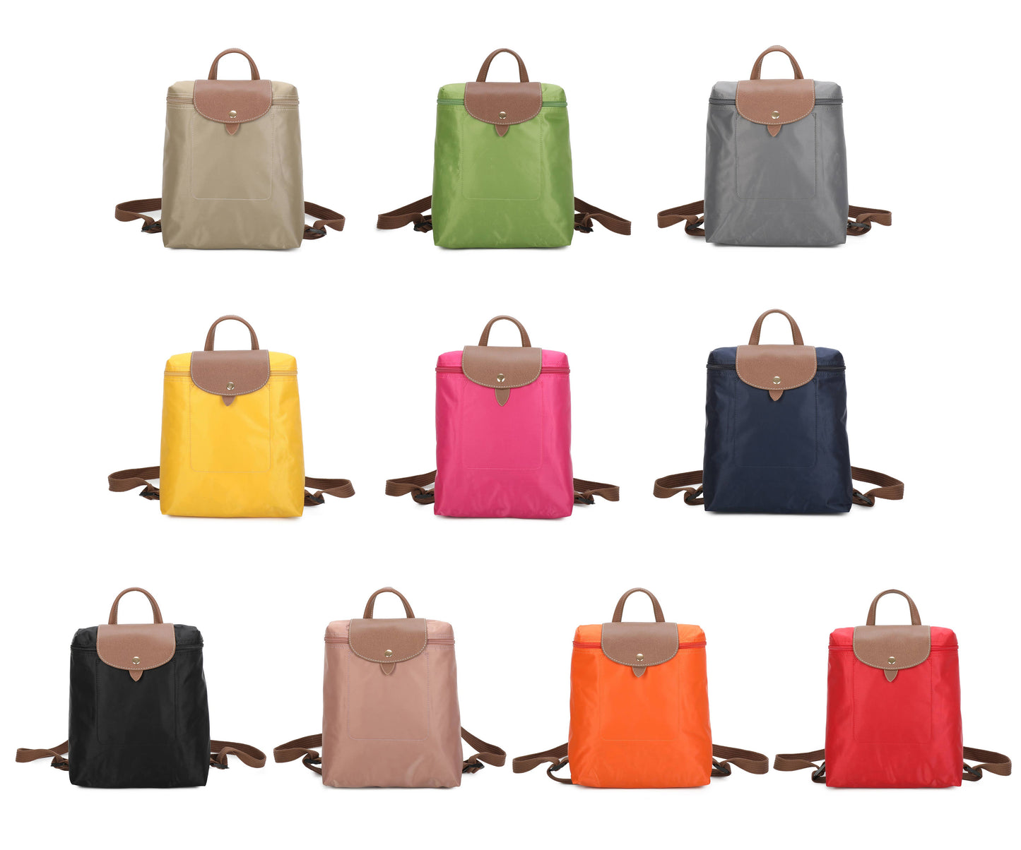 Nine nylon backpacks in various colors (beige, green, gray, yellow, pink, navy, black, blush, orange, red) arranged in a 3x3 grid on a white background. Each backpack features a brown leather flap closure, top handles, and adjustable shoulder straps.