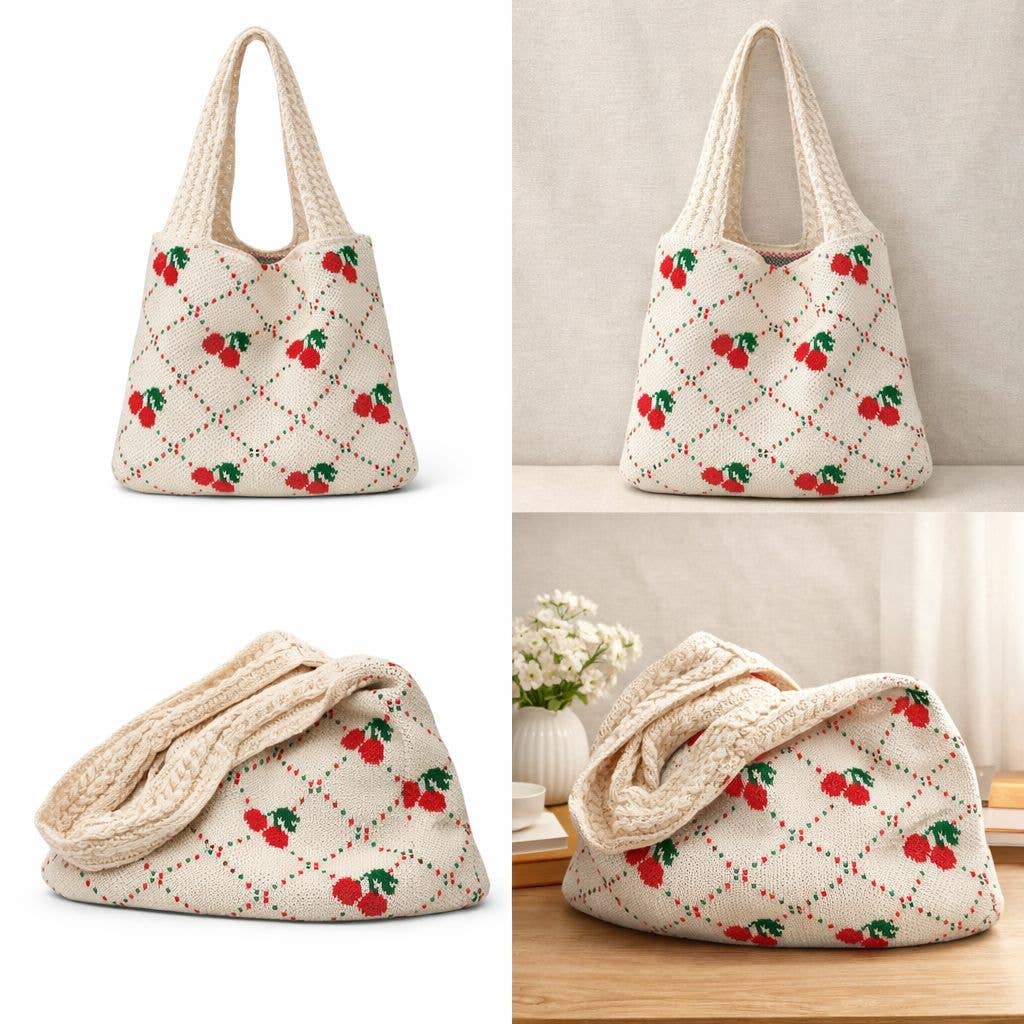 Beige handbag with cherry pattern on a white background