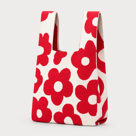 A fabric tote bag with a bold red and off-white floral pattern, featuring integrated shoulder straps, shown against a neutral light gray background.
