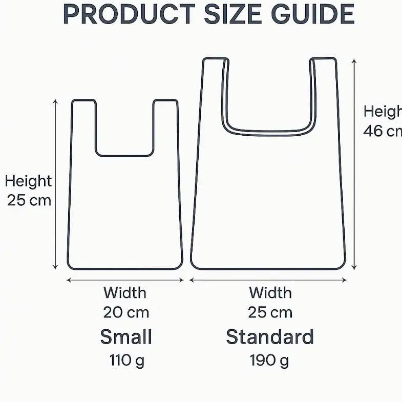 Product size guide for a bag with dimensions and weight labels.