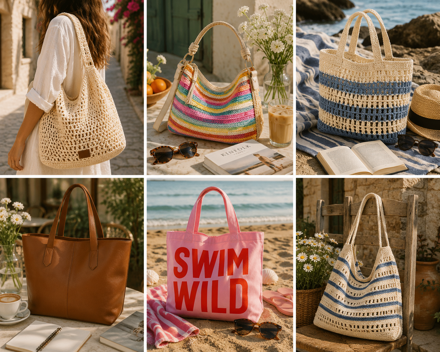 A six-panel collage showcasing various beach and casual style handbags. The bags include a cream crocheted shoulder bag, a colorful striped slouchy tote, a blue and cream woven beach tote, a brown leather tote, a pink tote with 'SWIM WILD' text, and a blue and cream striped woven tote.