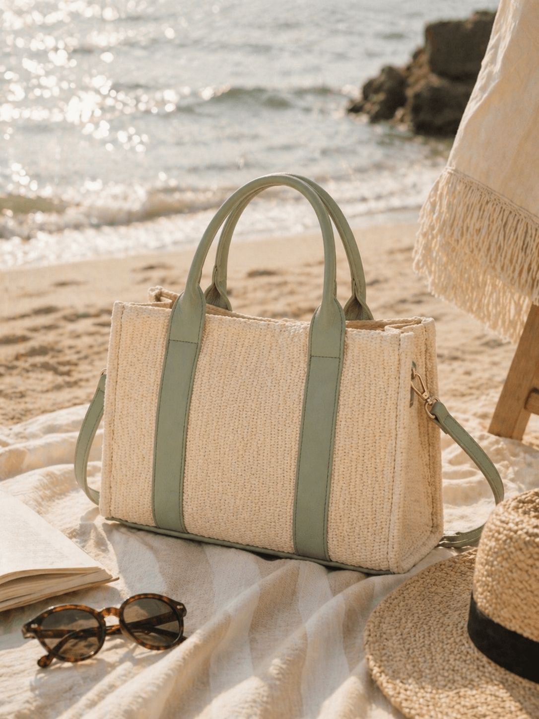Green Straw Tote Bag | Summer Beach Shoulder Bag with Crossbody Strap - Ivy and Sol