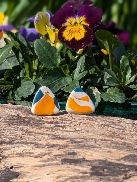 Surprise Pebble Stud Earrings - Blue, White & Orange Polymer Clay Gift