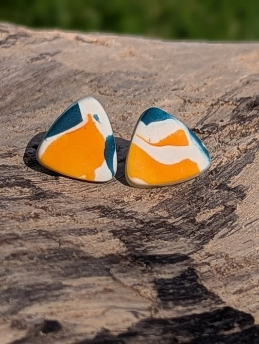 Surprise Pebble Stud Earrings - Blue, White & Orange Polymer Clay Gift