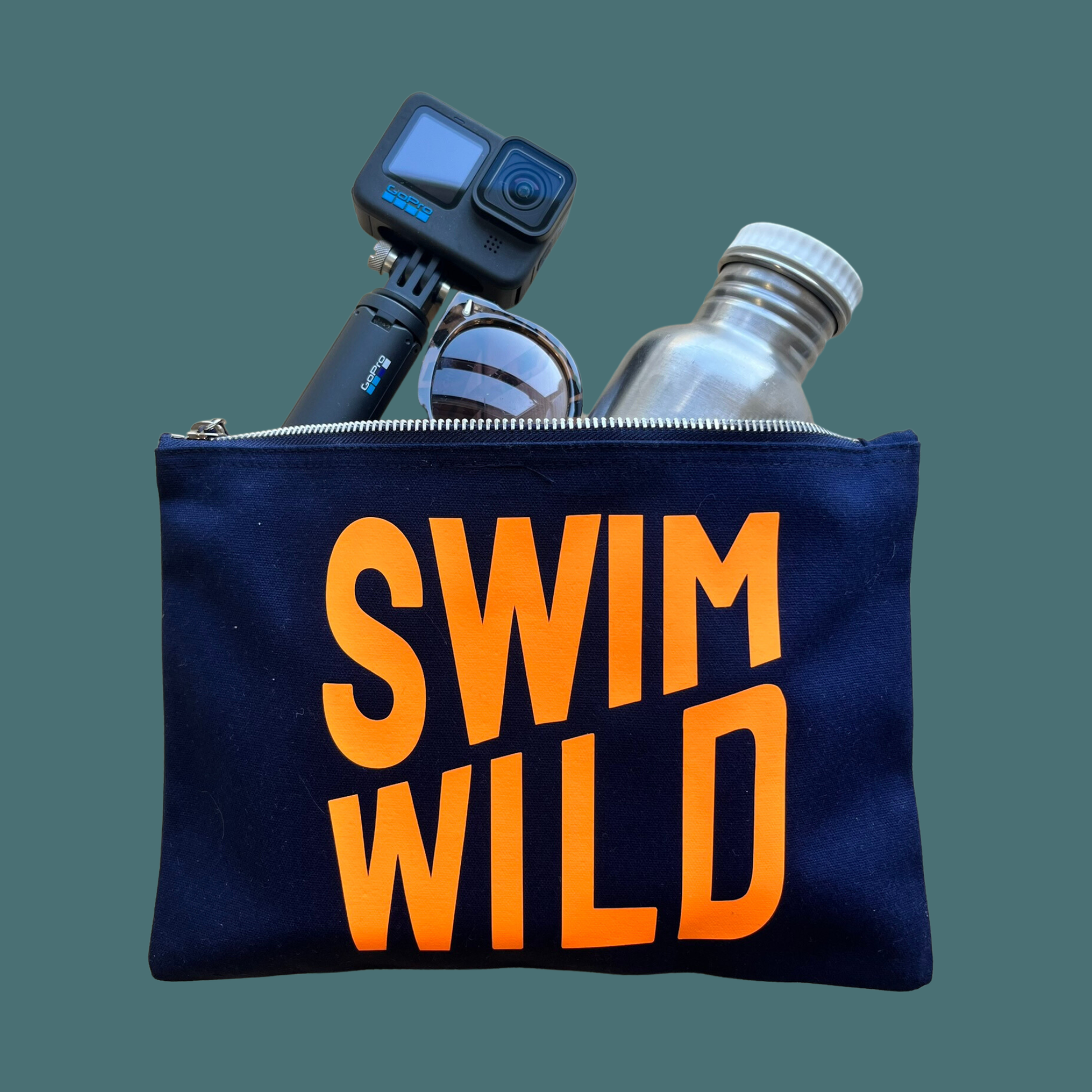 Navy pouch with 'SWIM WILD' text, containing a GoPro camera and water bottle on a transparent background.