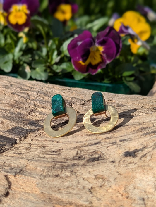 Teal Brass Stud Earrings – Handmade Sustainable Wood & Acrylic Statement Studs