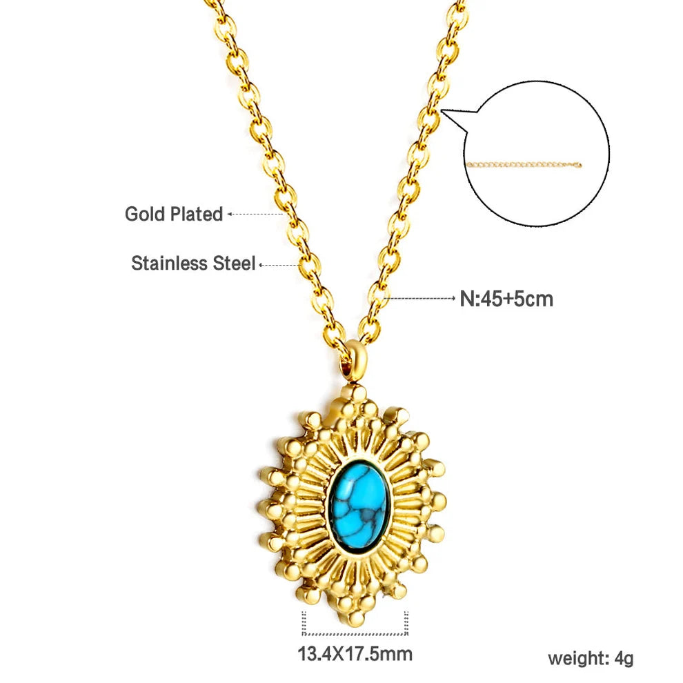Gold-plated stainless steel pendant necklace with a turquoise blue oval stone, shown on a white background with measurement labels, chain length, and weight details.