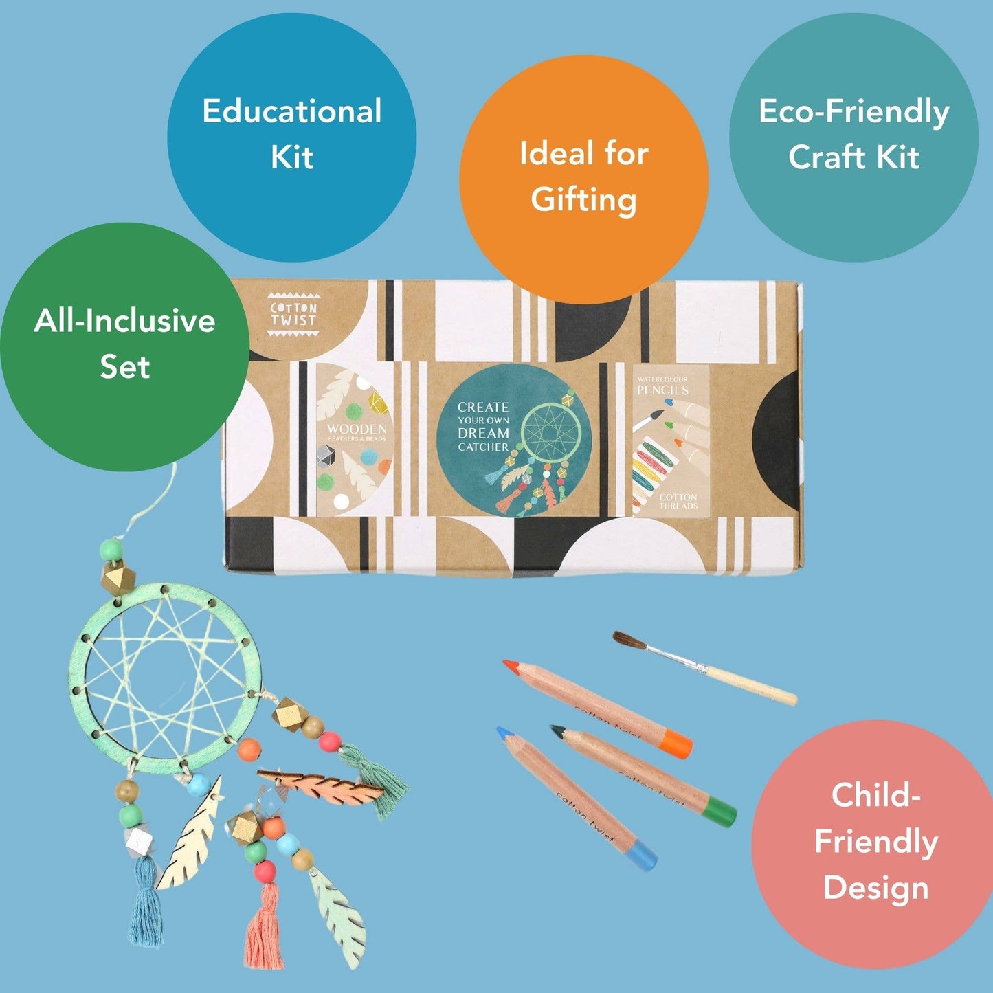 Eco-friendly craft kit with dream catcher and markers on a blue background