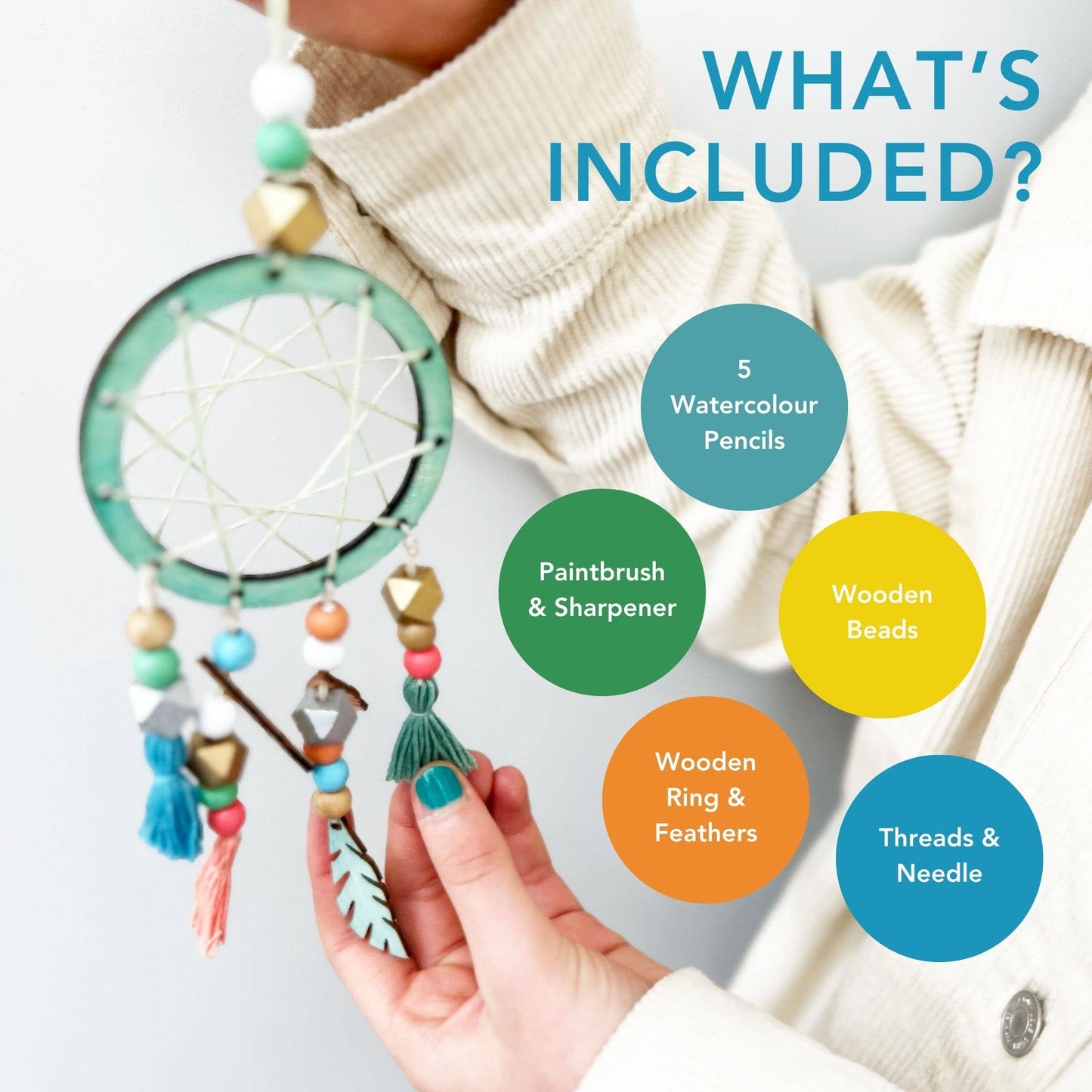Colorful dreamcatcher held by a hand with text listing included items on a white background