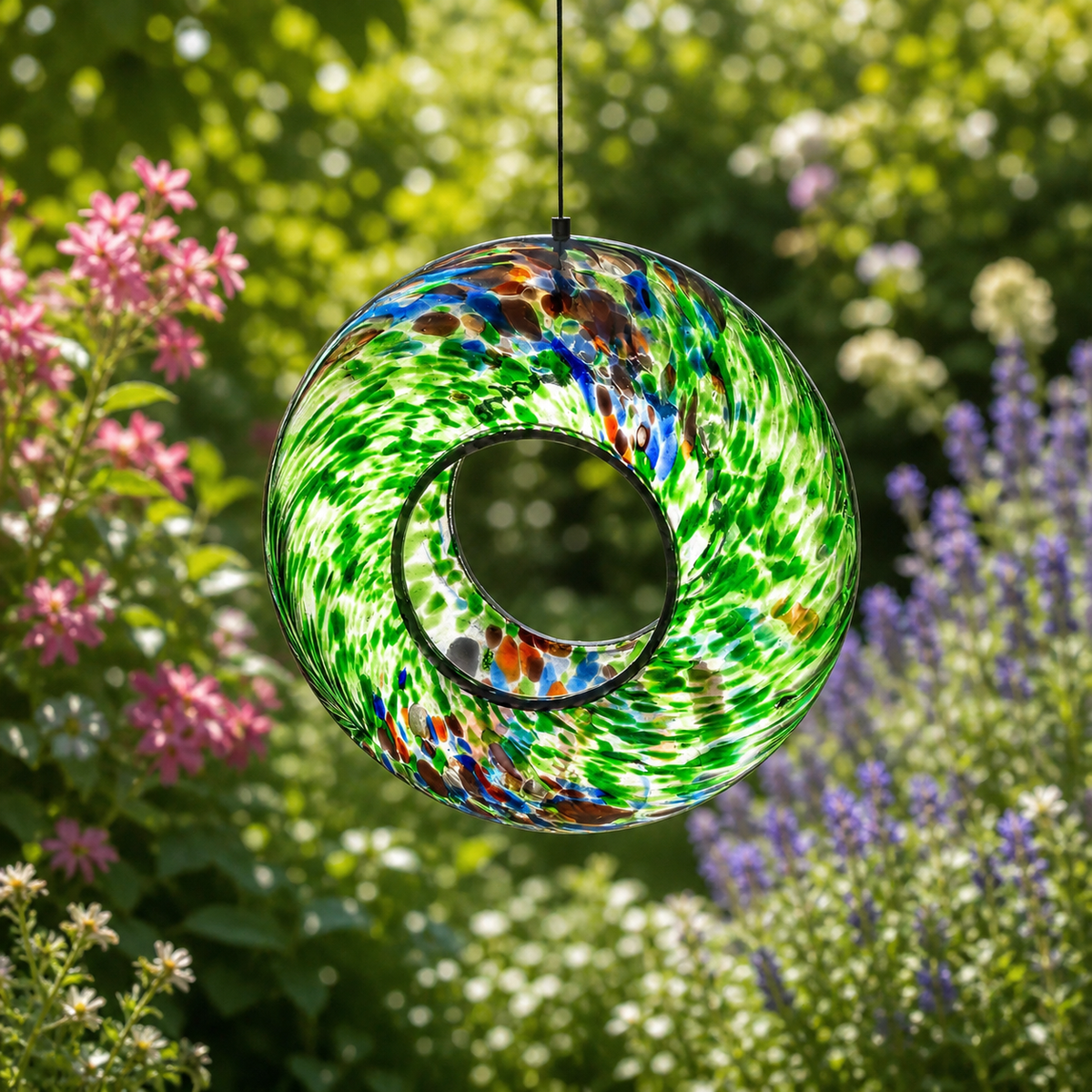 Willow green mouth-blown glass hanging bird feeder with attached hanging cable, handcrafted garden accessory from Ivy & Sol.
