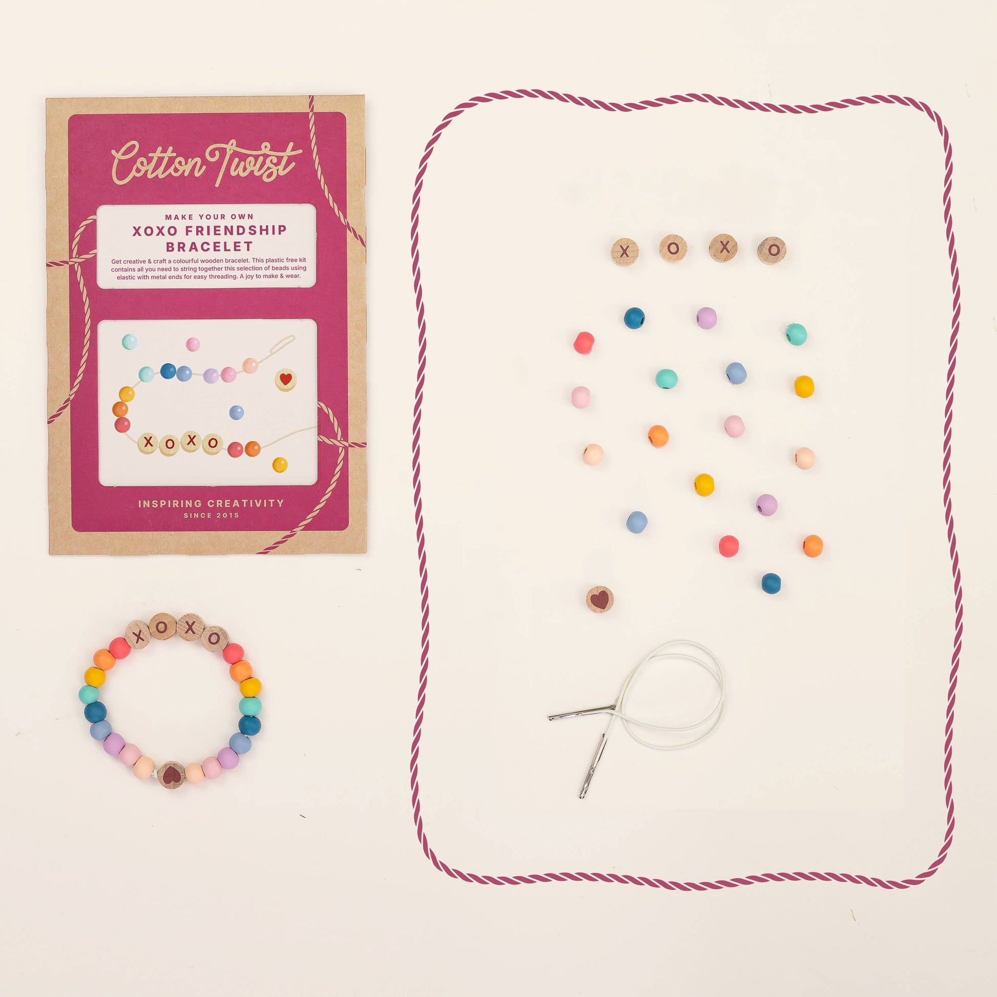 Colorful friendship bracelet kit with packaging and materials on a white background