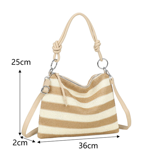 Beige and white striped handbag with measurements on a white background